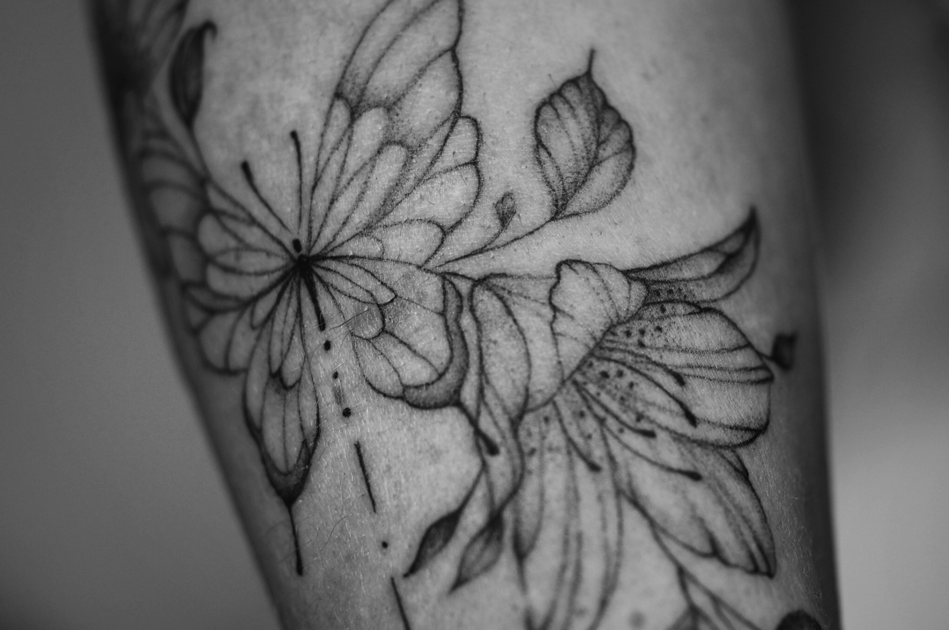 delikatny tatuaż z kwiatem i motylem